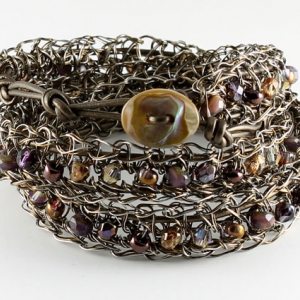Antique bronze with eggplant beads and metallic bronze leather